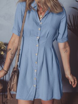 Myosotis Denim Pleated Slim Waist Short Sleeve Shirt Dress