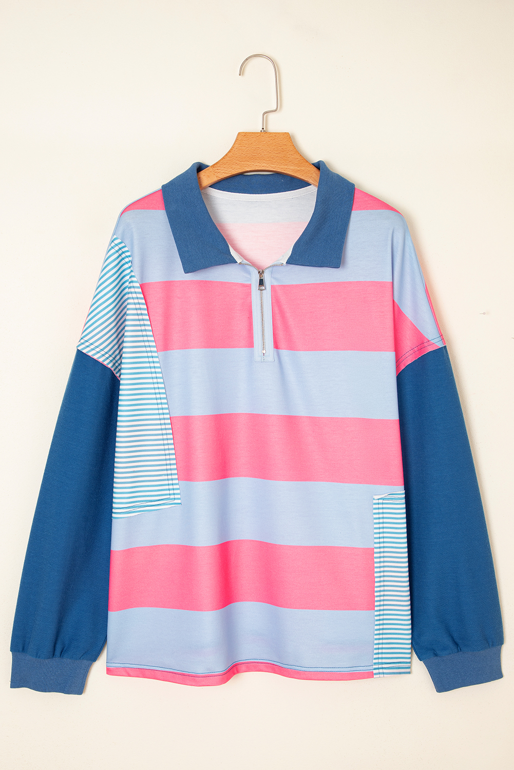 Blue Stripe Colorblock Patchwork Zip up Plus Size Pullover - Image 8