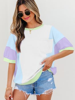 White Color Block Patchwork Half Sleeve Oversized T Shirt