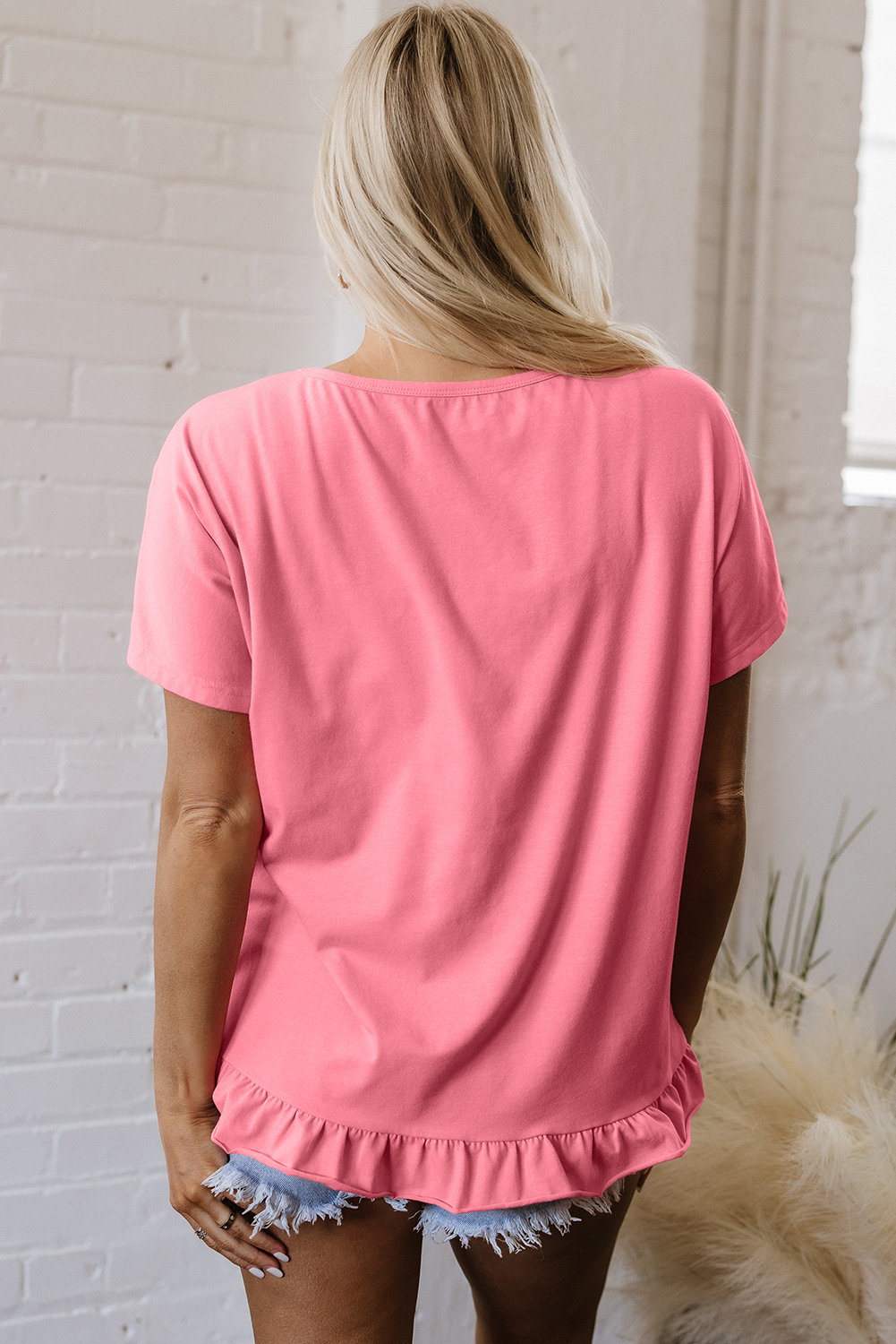 Pink Frilled Hem Loose T-Shirt - Image 2