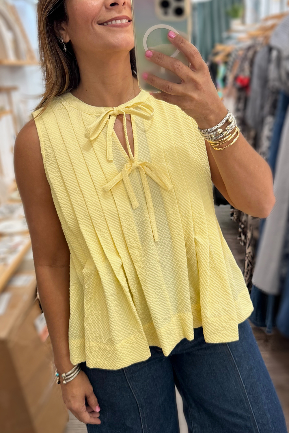 Yellow Cream Bow Tie Notched Neck Pleated Tank Top - Image 3