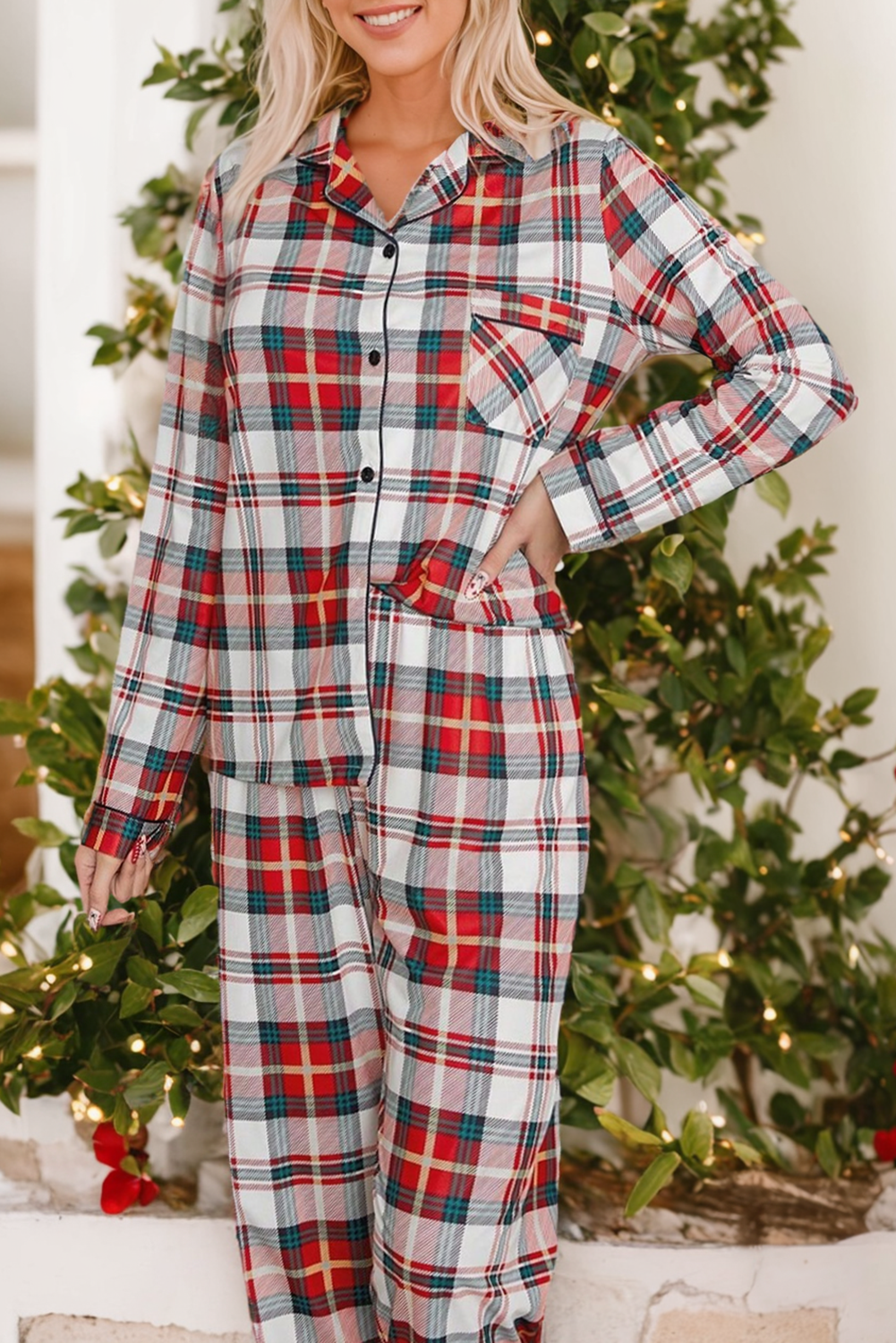 Red Christmas Plaid Print Two Piece Long Sleeve Pajamas Set - Image 3