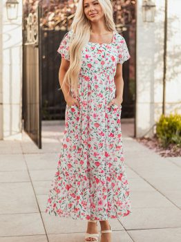 Pink Floral Puff Sleeve Square Neck Empire Waist Tiered Maxi Dress