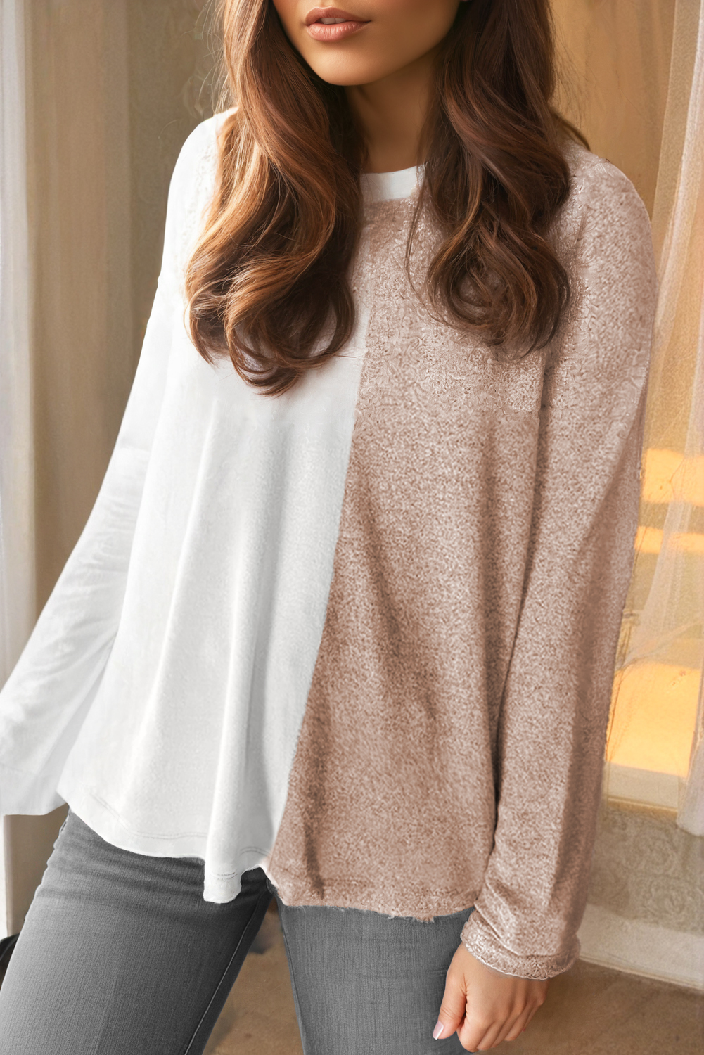 Khaki Colorblock Long Sleeve Crew Neck Top - Image 3