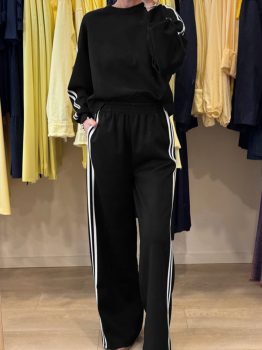 Black Varsity Striped Detail Crewneck Pullover Elastic Sweatpants 2pcs Outfit