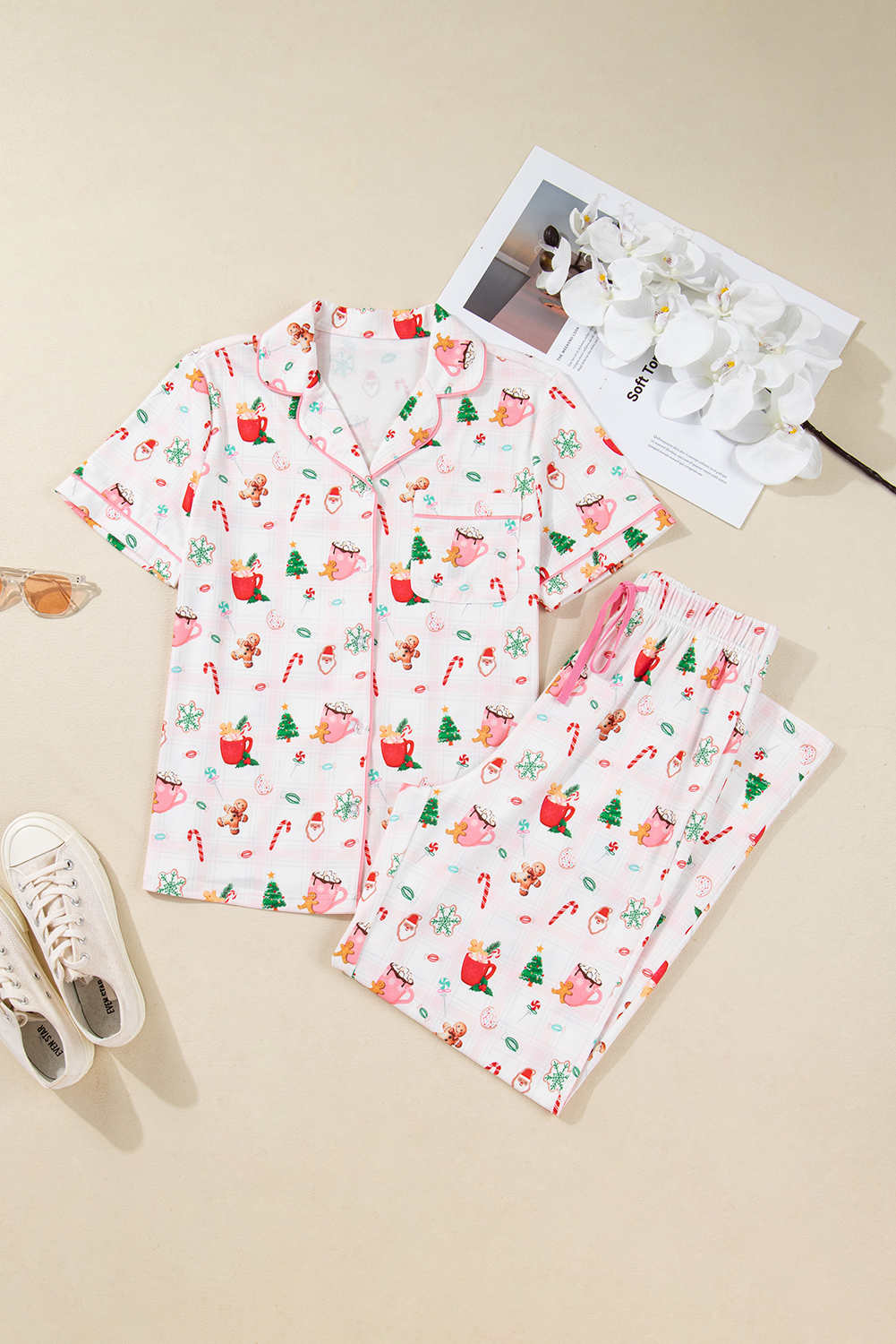 Pink Christmas Spirit Cute Holiday Print Short Sleeve Shirt and Pants 2pcs Pajama Set - Image 4