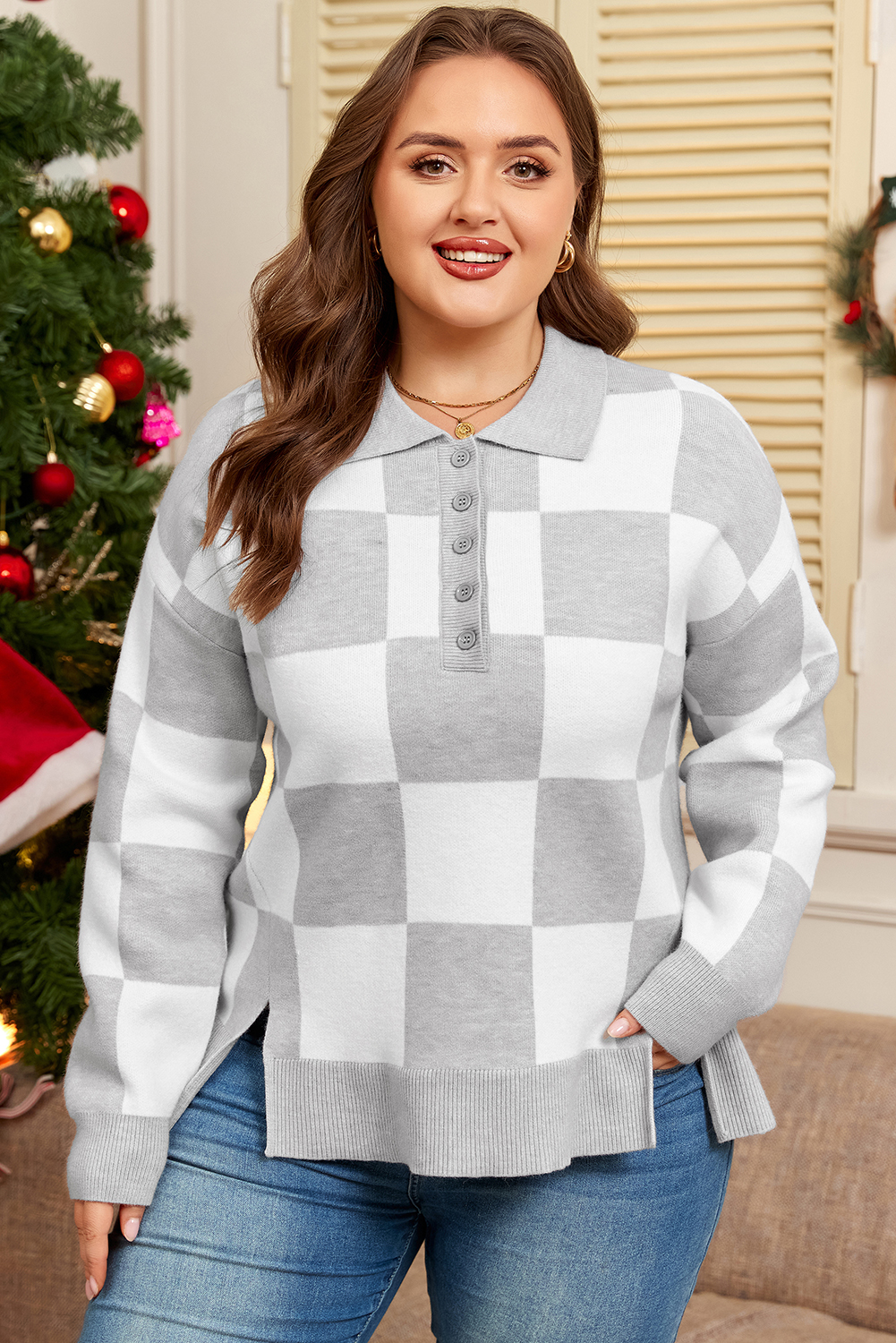 Gray Plus Size Checkered Pattern Button Polo Collar Split Sweater - Image 5