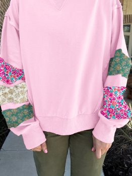 Pink Plus Size Mix Floral Patched Sleeve Ribbed Trim Baggy Sweatshirt