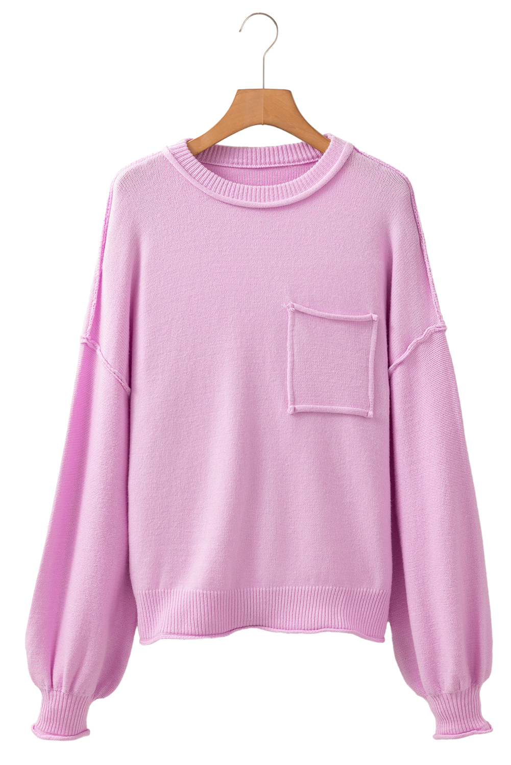 Pink Raw Edge Ribbed Detail Drop Shoulder Sweater - Image 5