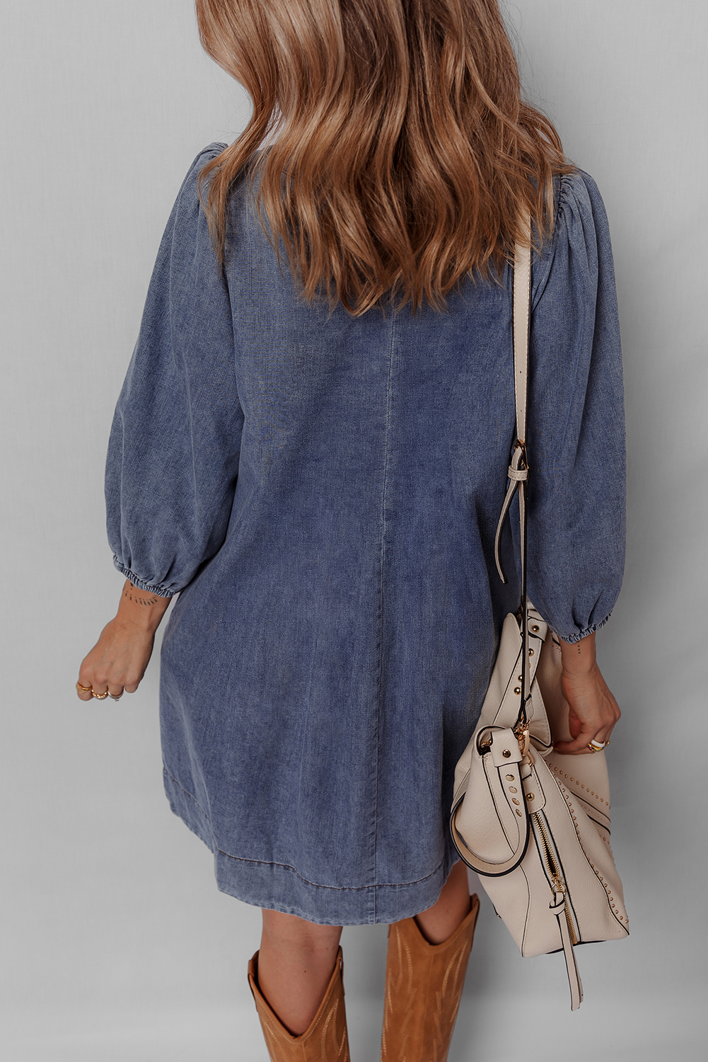 Sail Blue 3/4 Sleeve Tied V Neck Pleated Denim Mini Dress - Image 2