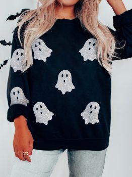 Black Glitter Ghost Pattern Crew Neck Halloween Sweatshirt