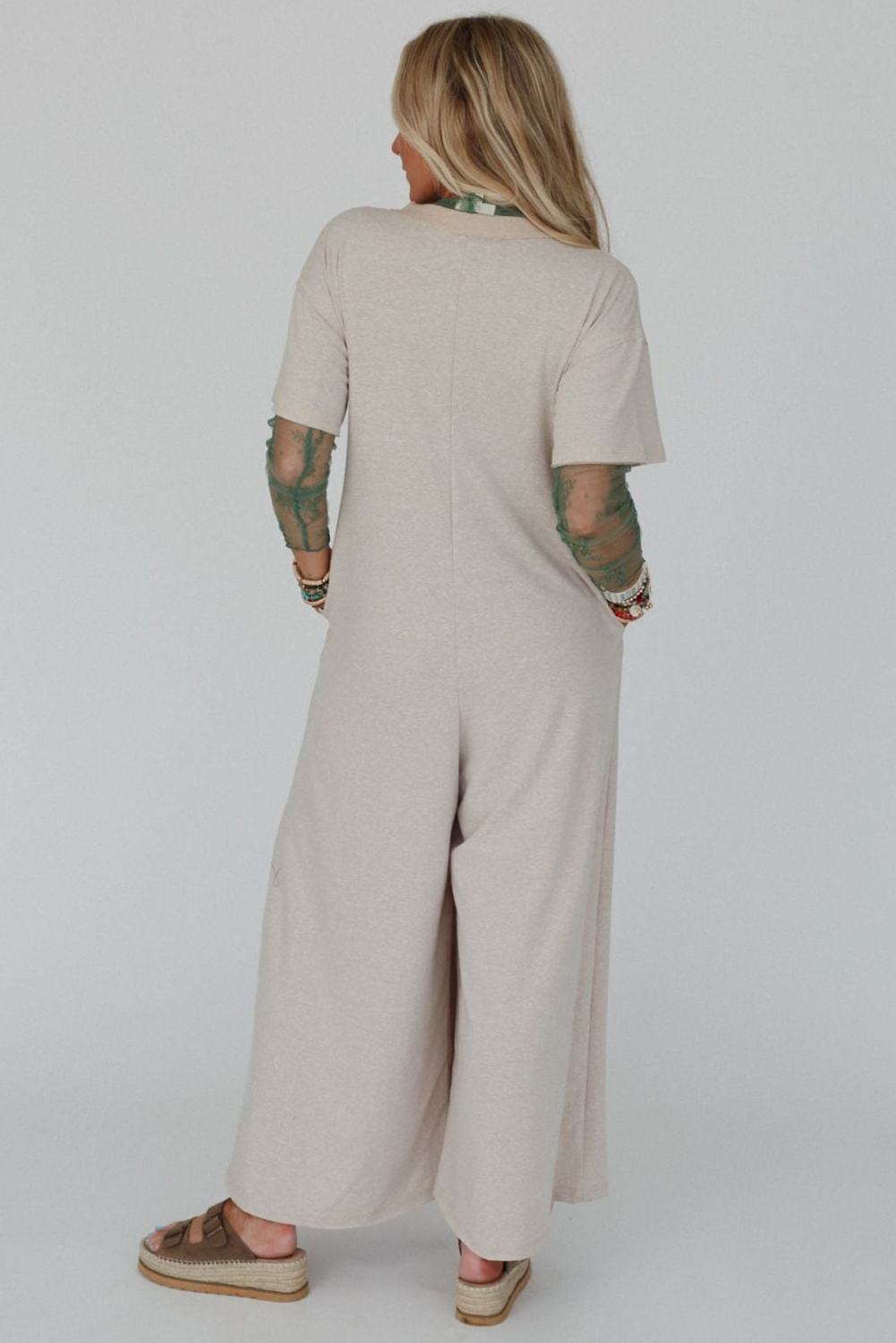Beige Half Placket Chest Pockets Short Sleeve Wide Leg Jumpsuit - Image 2