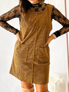 Beige Corduroy Sleeveless Mini Dress With Patched Pockets