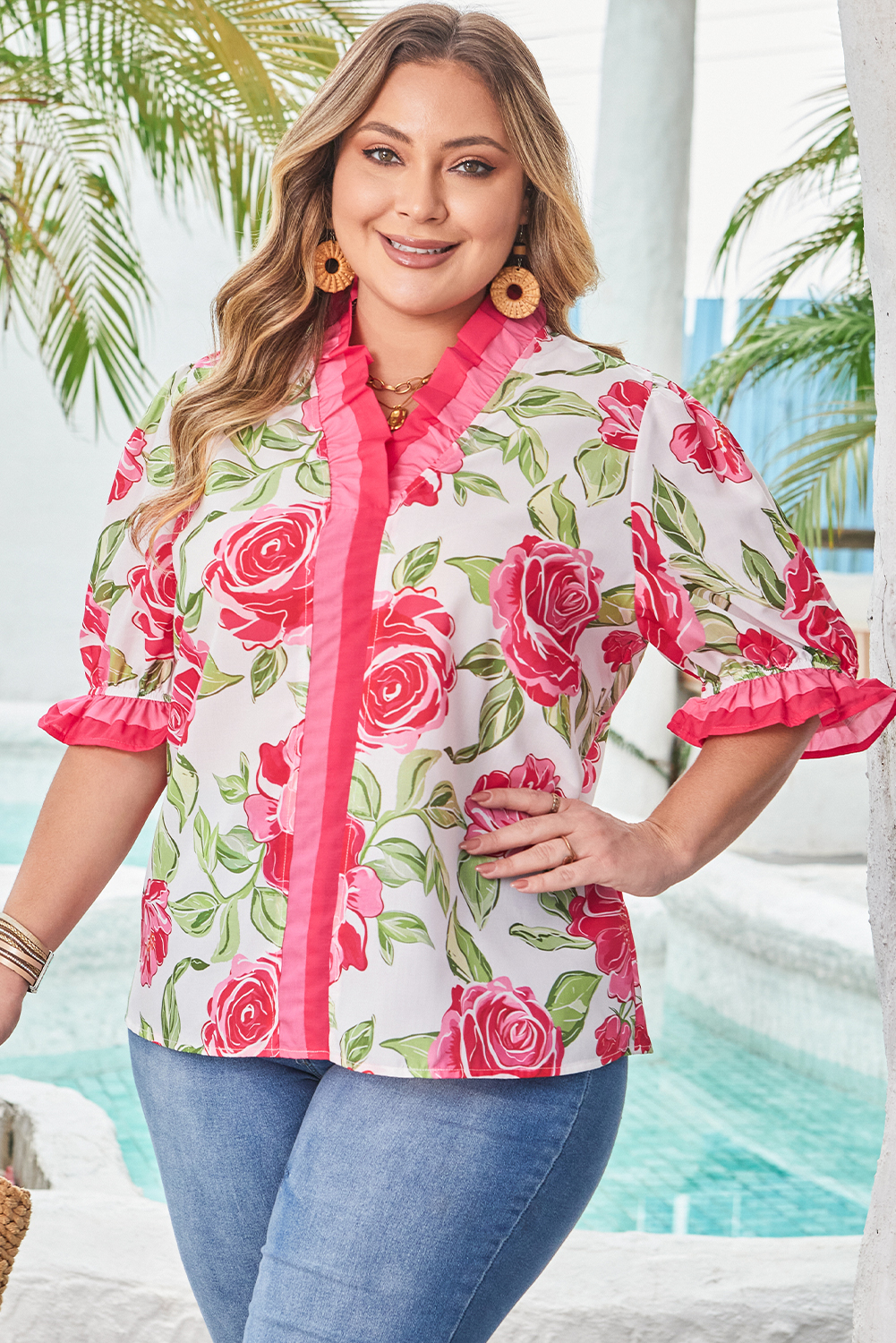 Rose Plus Size Floral Print Frilled Stripes Detail Short Sleeve Blouse - Image 4