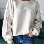 White Exposed Seam Chest Pocket Knit Pullover Sweatshirt