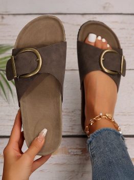 Coffee Buckle Decor Faux Suede Thick Sole Slippers