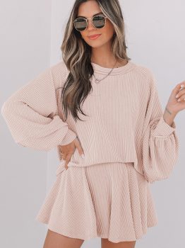 Jet Stream Corded Lantern Sleeve Top High Waist Ruffled Mini Skirt Set