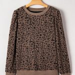 Brown Ribbed Trim Leopard Print Long Sleeve Top