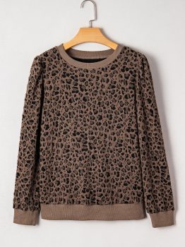 Brown Ribbed Trim Leopard Print Long Sleeve Top