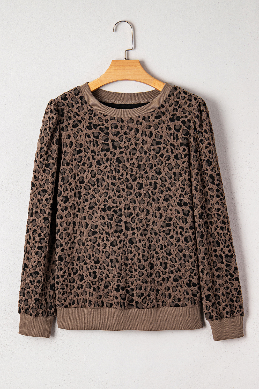 Brown Ribbed Trim Leopard Print Long Sleeve Top