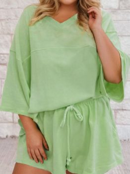 Meadow Mist Green Plus Size V Neck Drop Shoulder Tee Loose Shorts 2pcs Outfit