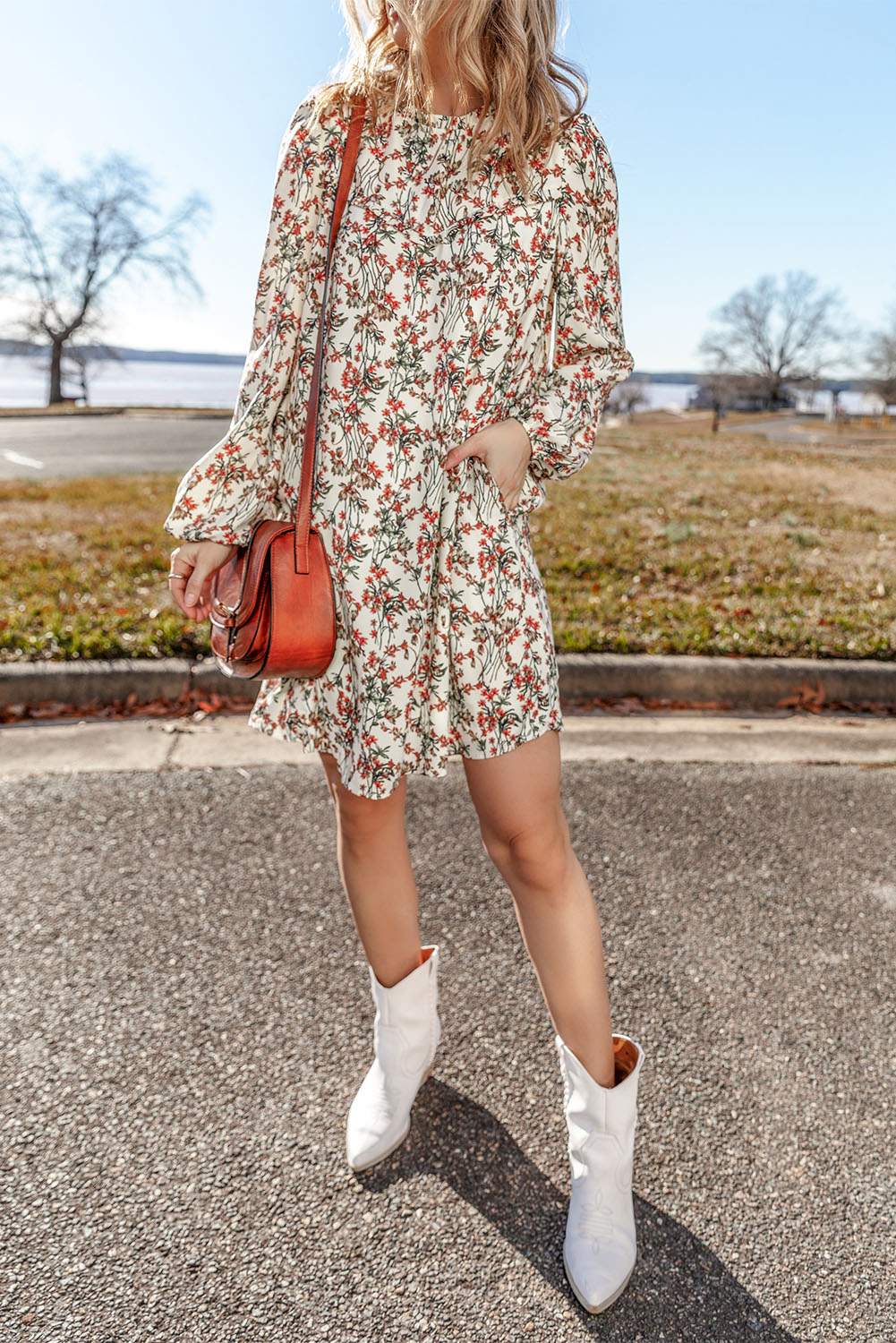 White Floral Printed Long Sleeve Mini Dress - Image 6