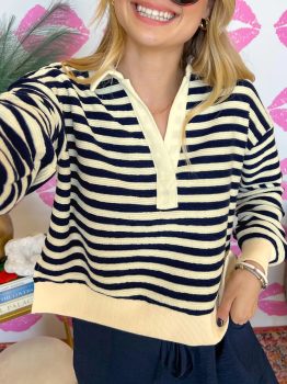 Blue Stripe Collared V Neck Long Sleeve Casual Top