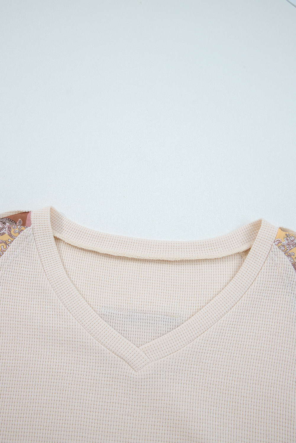 Beige Paisley Ethnic Print Contrast Patchwork Long Sleeve Loose Top - Image 5