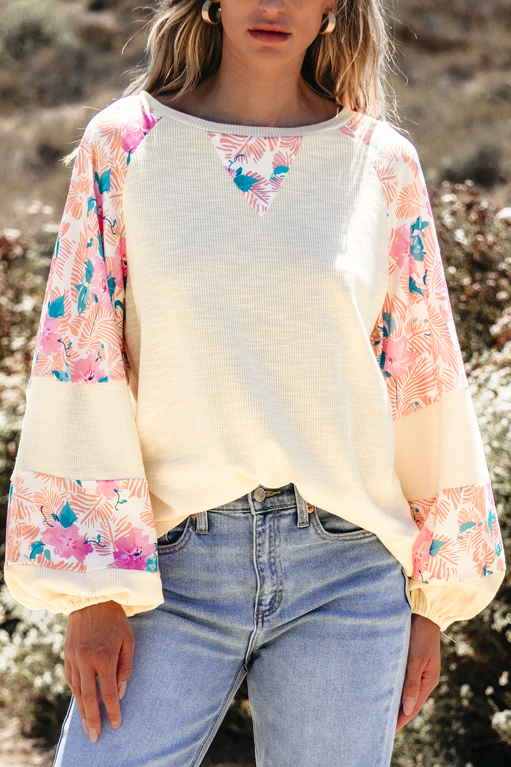 Apricot Textured Floral Patchwork Balloon Sleeve Blouse - Image 6