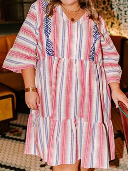 White Stripe Plus Size Embroidered Detail Flared 3/4 Sleeve V Neck Dress