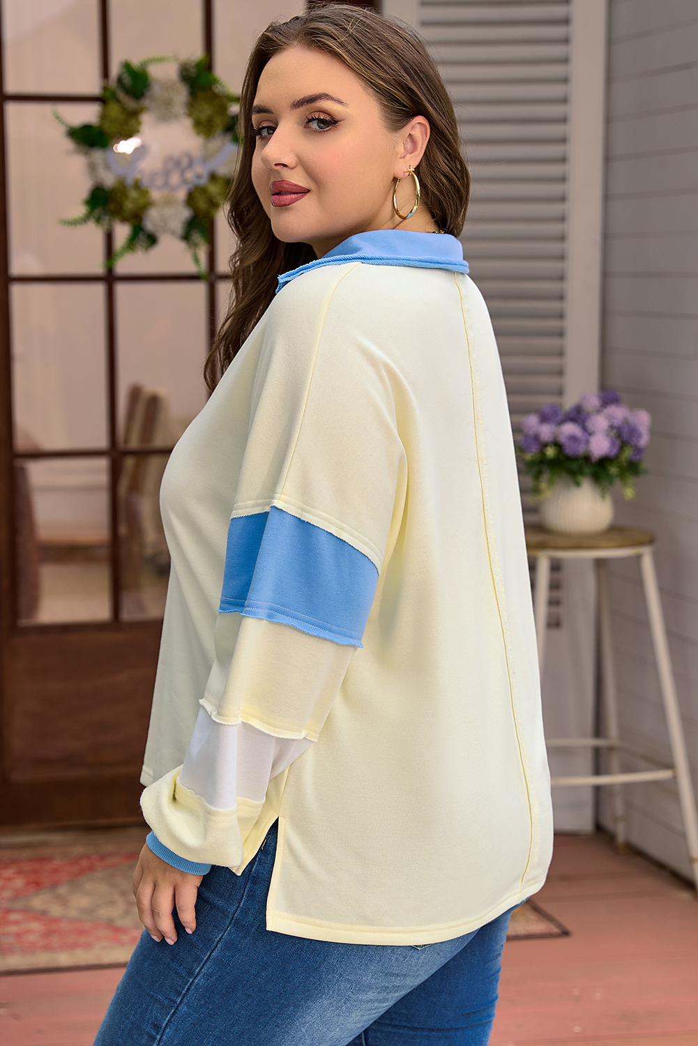 Yellow Cream Raw Seam Color Block Patchwork Plus Size V Neck Pullover - Image 2