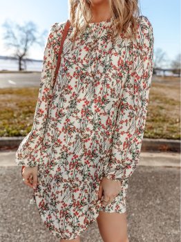 White Floral Printed Long Sleeve Mini Dress