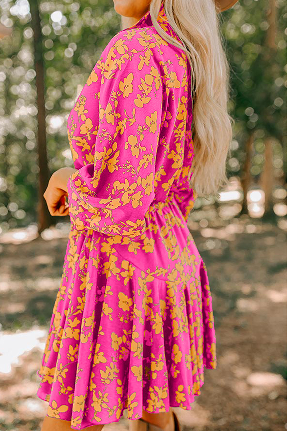 Pink Floral Print Drawstring Tunic Flowy Short Dress - Image 3