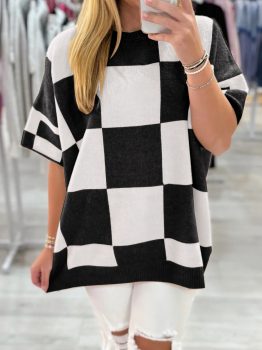Black Checkered Pattern Loose Drop Shoulder Half Sleeve Sweater