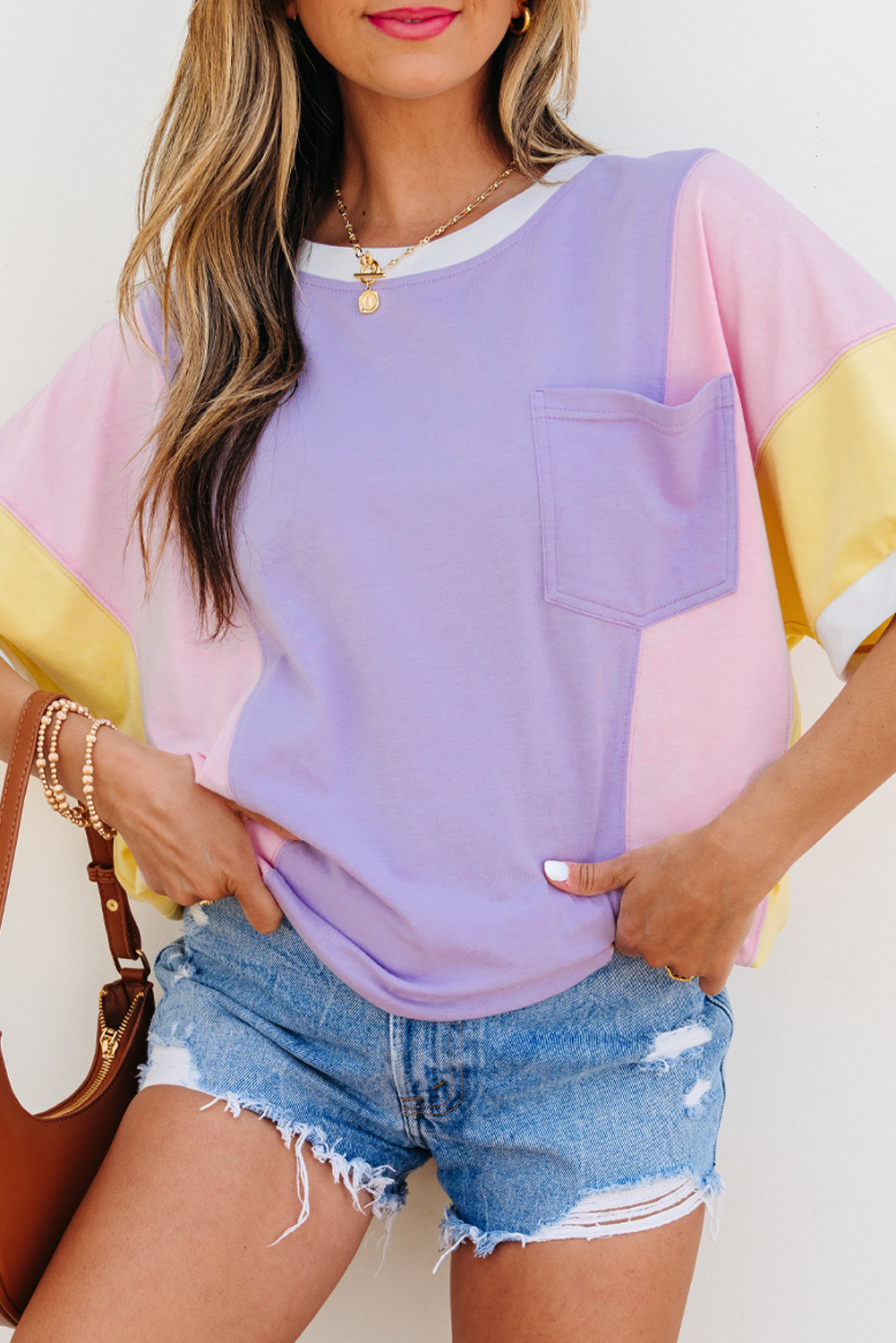 Purple Color Block Patchwork Half Sleeve Oversized T Shirt - Image 7