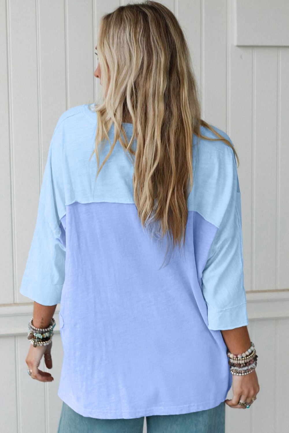 Light Blue Flower Patched Exposed Seam Bracelet Sleeve Oversized T Shirt - Image 2