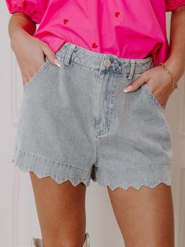 Dusk Blue Scalloped Hemline Acid Wash High Waist Denim Shorts