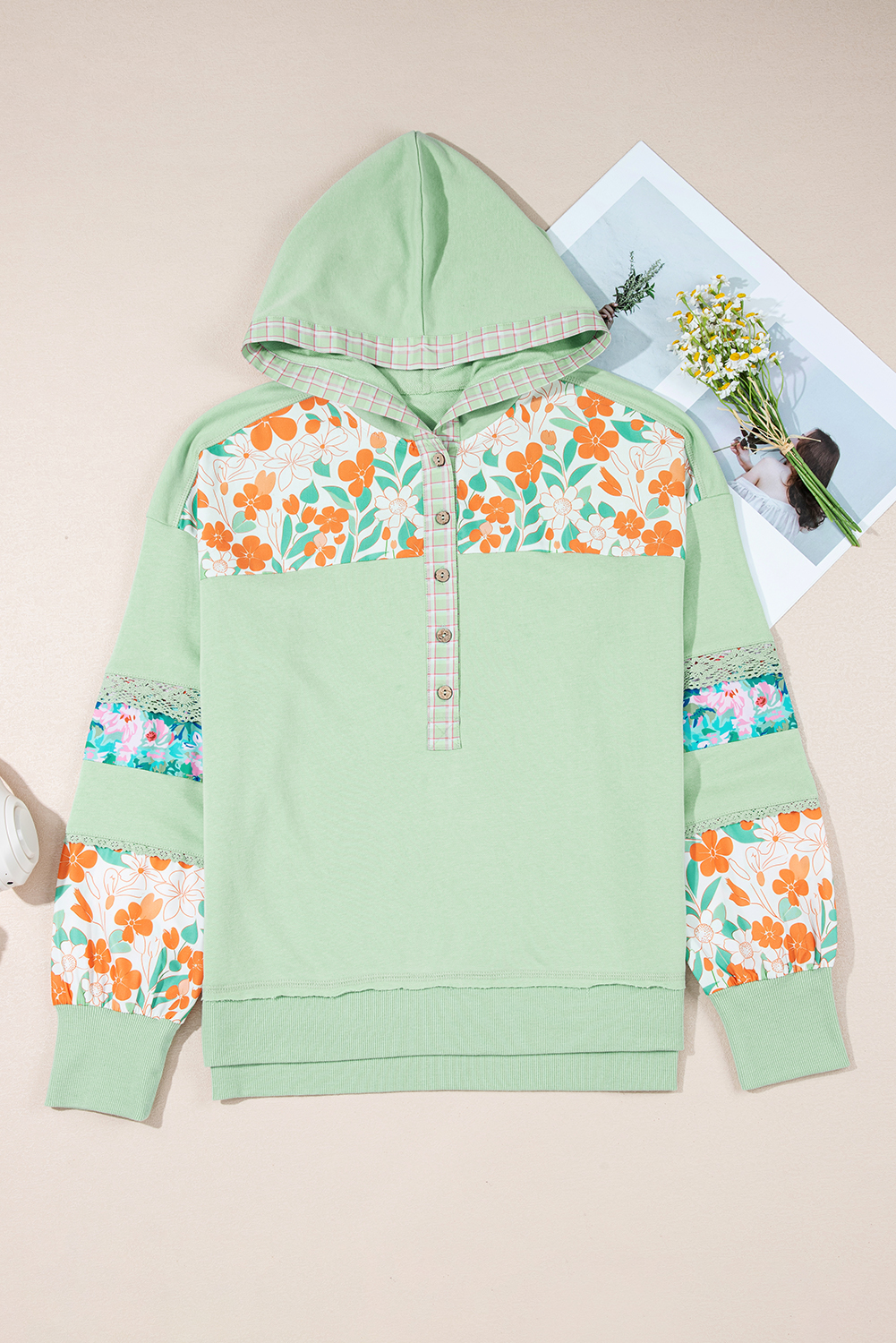 Clearly Aqua Lace Floral Patchwork Half Button Hooded Pullover - Image 8