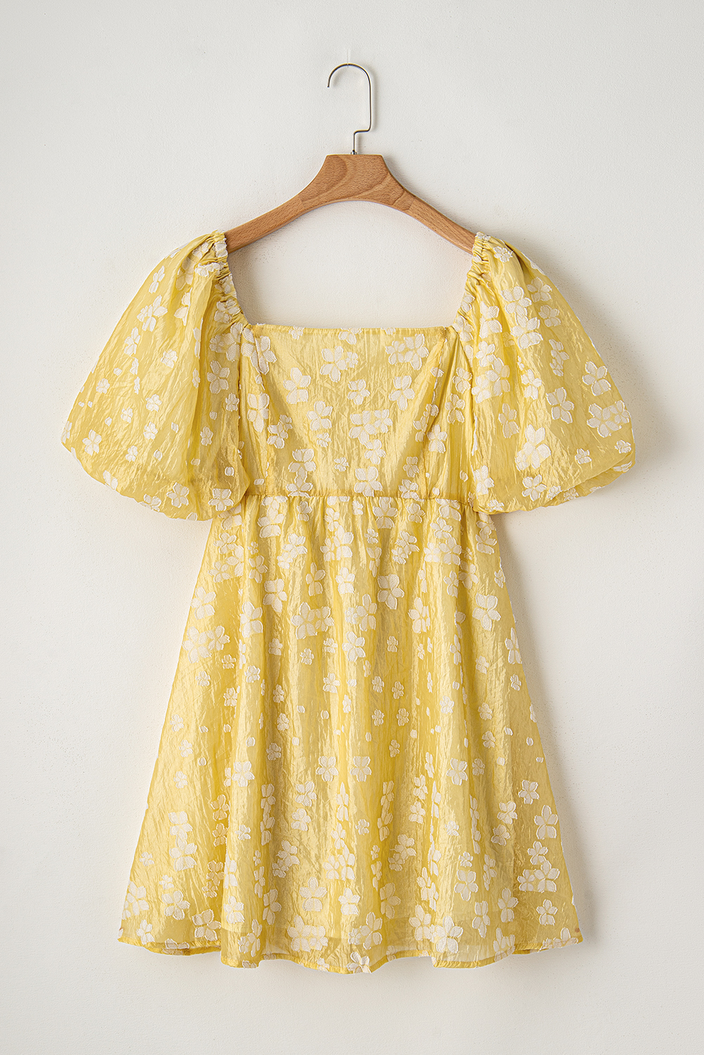Yellow Boho Flower Jacquard Puff Sleeve Square Neck Mini Dress - Image 8