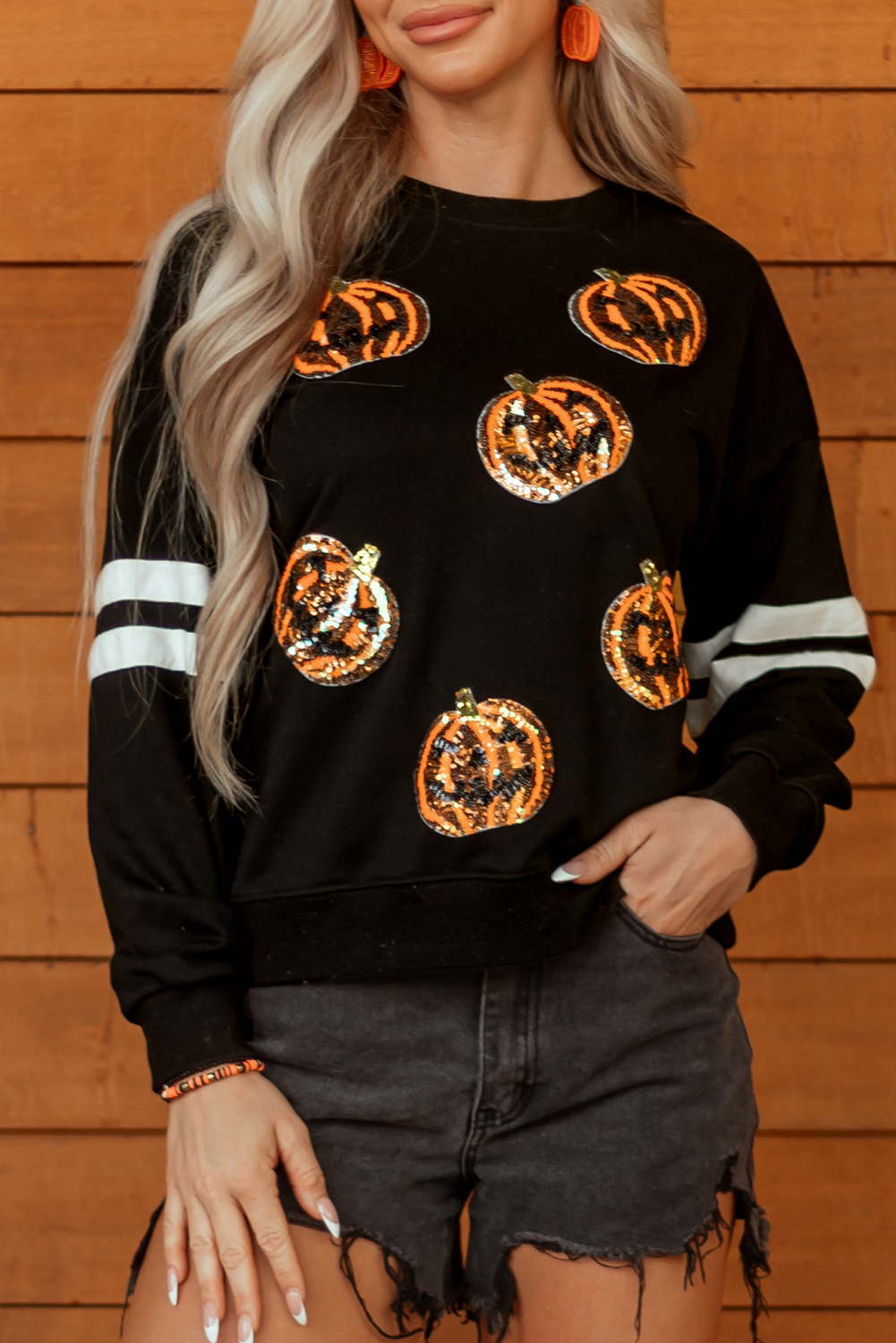 Black Halloween Pumpkin Face Sequin Patched Oversize Varsity Sweatshirt - Image 8