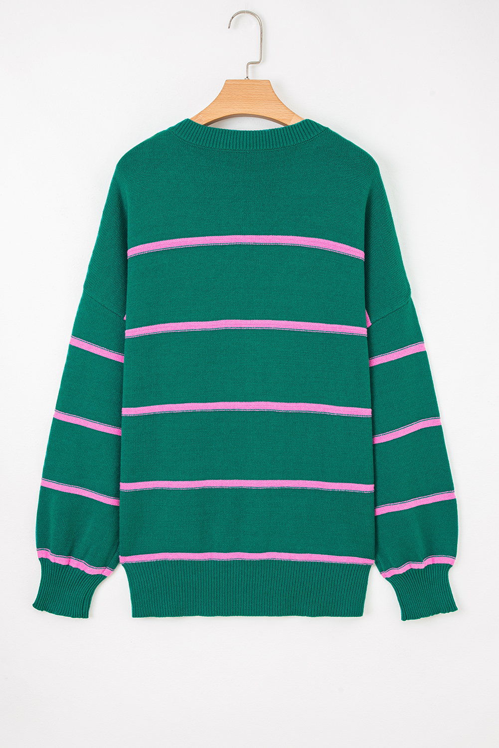 Green Stripe Half Buttons Drop Shoulder Plus Size Sweater - Image 8