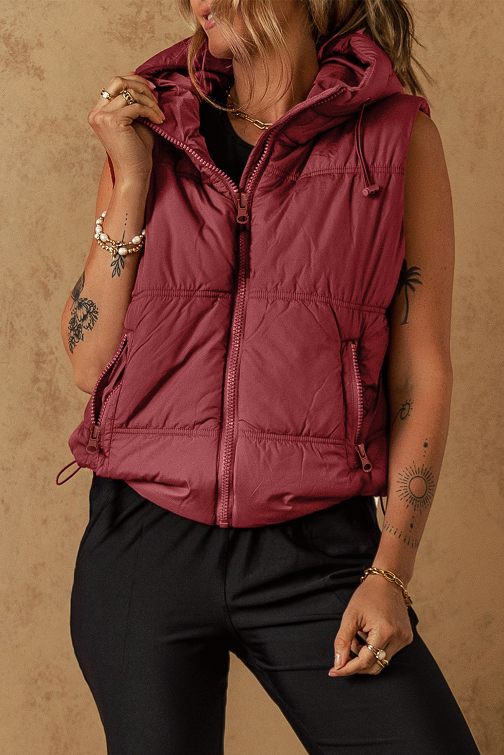 Clay Zip-up Side Pockets Hooded Puffer Vest - Image 4