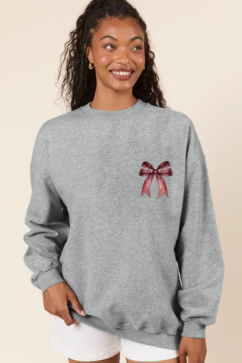 Gray Football Bow Print Drop Shoulder Pullover Sweatshirt - Image 6