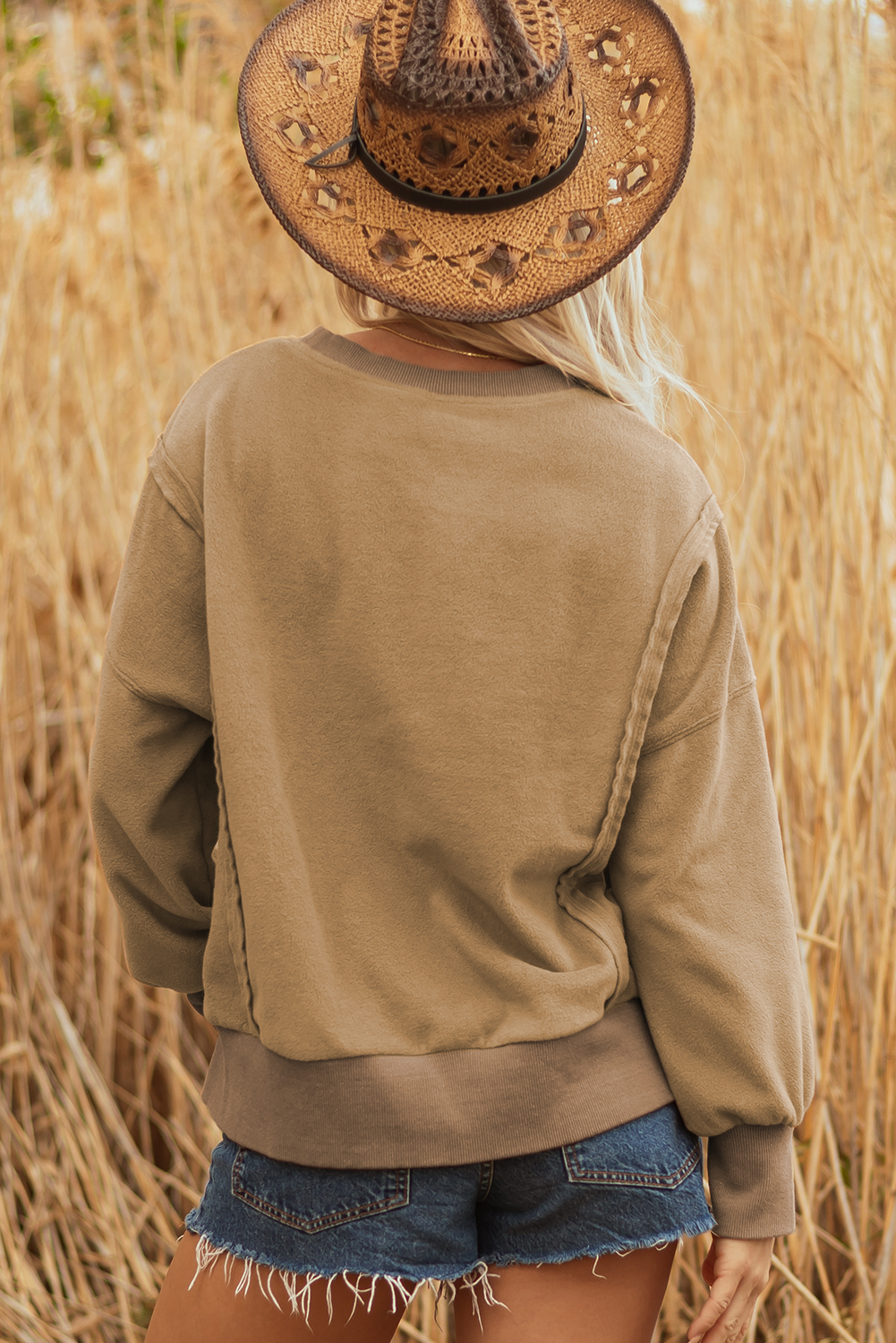 Dark Khaki Fuzzy Sherpa Splicing Pullover Sweatshirt with Side Slit - Image 2