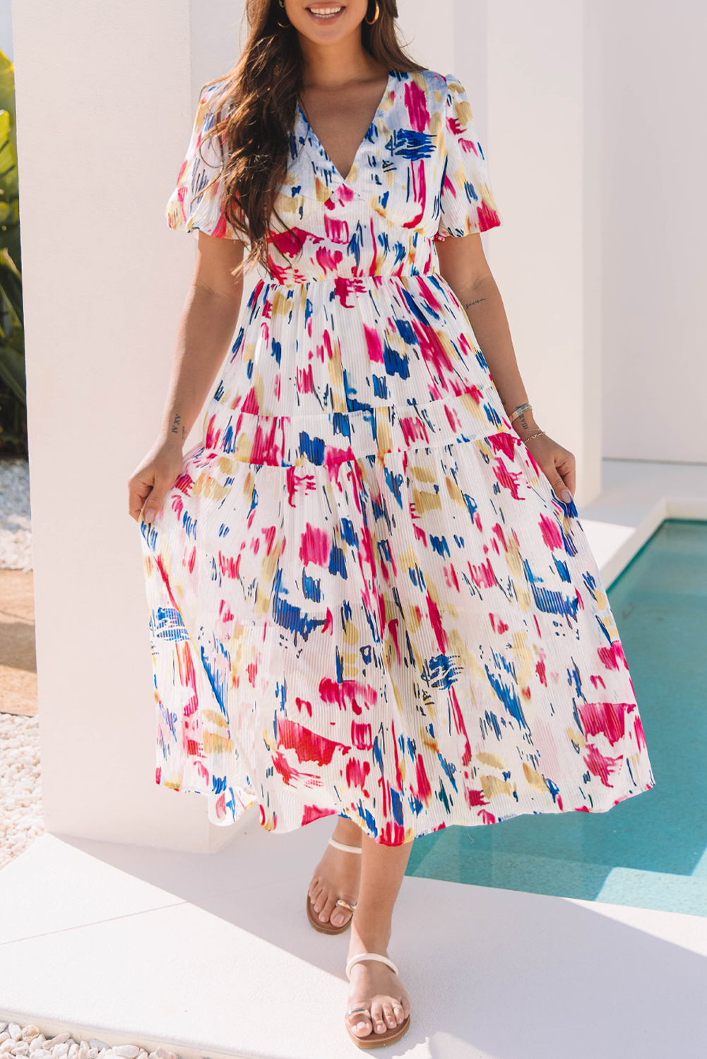 Rose Abstract Print Short Puff Sleeve Tiered Maxi Dress - Image 6