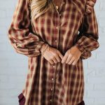 Red Plaid Print Ruffled Long Sleeve Patchwork Hem Mini Shirt Dress