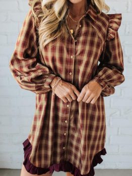 Red Plaid Print Ruffled Long Sleeve Patchwork Hem Mini Shirt Dress