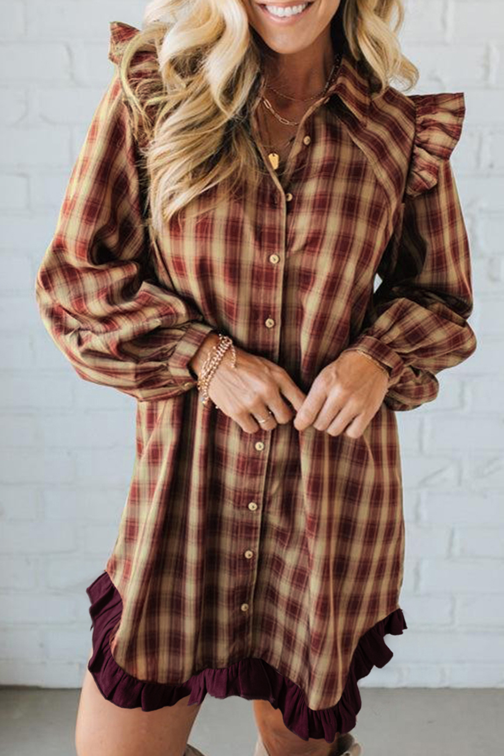 Red Plaid Print Ruffled Long Sleeve Patchwork Hem Mini Shirt Dress
