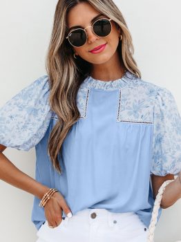 Beau Blue Lace Insert Floral Puff Sleeve Patchwork Loose Blouse