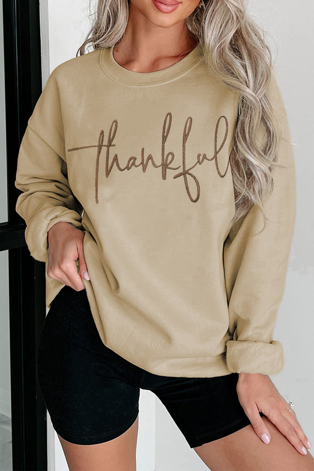 Parchment thankful Embroidered Drop Shoulder Pullover Sweatshirt - Image 3